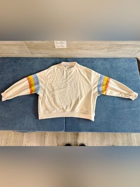 Oversized Cream Crewneck Sweater with Rainbow Sleeve Stripes